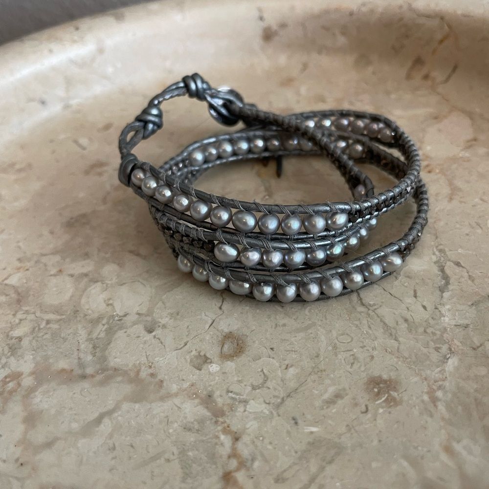 Chan Luu grey silver pearl beaded 3 layer wrap bracelet